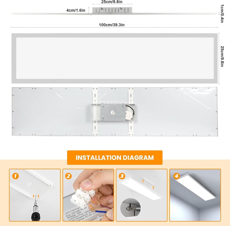 OTREN LED Mennyezeti Panel 100x25 cm - Szabályozható Fényerejű Téglalap Alakú Lámpa Távirányítóval, 36W, 3200lm, 3000K-6000K, Napfény Hatás,