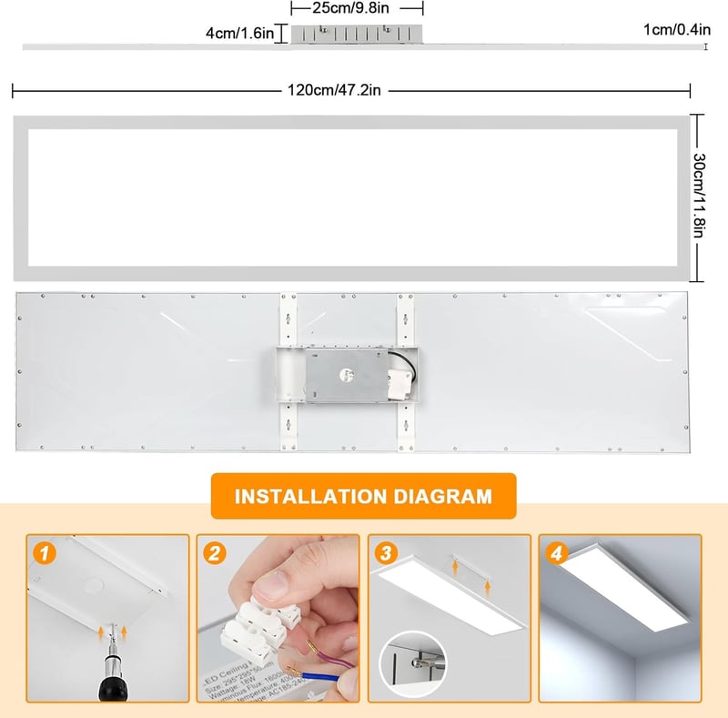 OTREN LED Mennyezeti Panel Lámpa 120x30 cm, 40W Szabályozható Fényerő, 2800K-6000K Távirányítóval, Ultralapos Ezüst Világítás Nappaliba, Kon