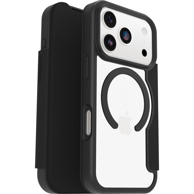 Puzdro OtterBox React Folio MagSafe pre iPhone 17 Pro, priehľadná/čierna farba, magnetické knižkové puzdro