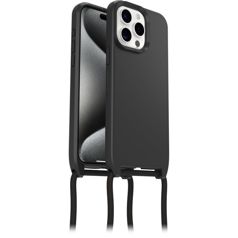 Obal OtterBox React Necklace MagSafe pre iPhone 15 Pro Max, vojenský štandard, odnímateľná šnúrka na krk – čierny