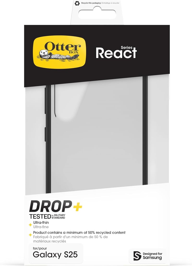 OtterBox React Samsung Galaxy S25 tok, ütésálló, vékony, katonai szintű védelemmel - Galaxy S25, Transparent/Black