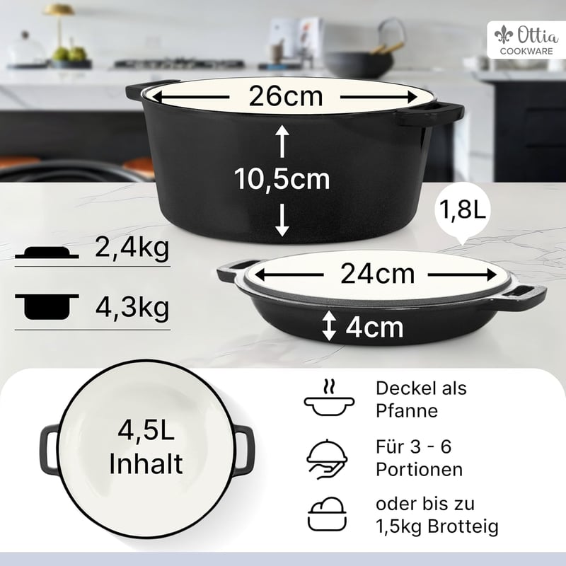 Ottia öntöttvas kenyérsütő edény 26cm, indukciós, sütőbiztos, 5L