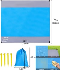 Pieskovzdorná plážová deka OUGEP 200x230 cm, nepremokavá pikniková deka modro-sivá, so 4 kotviacimi kolíkmi, na pláž, turistiku, kempovanie a vonkajšie použitie 3