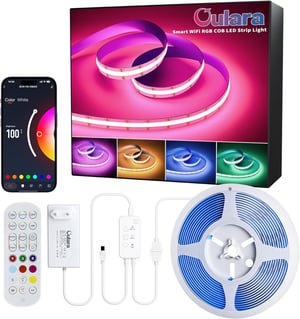 Bandă LED OULARA 10M RGB COB cu control inteligent prin WiFi, variator de intensitate, compatibilă cu Alexa, Google și Tuya, ideală pentru TV și decor.
