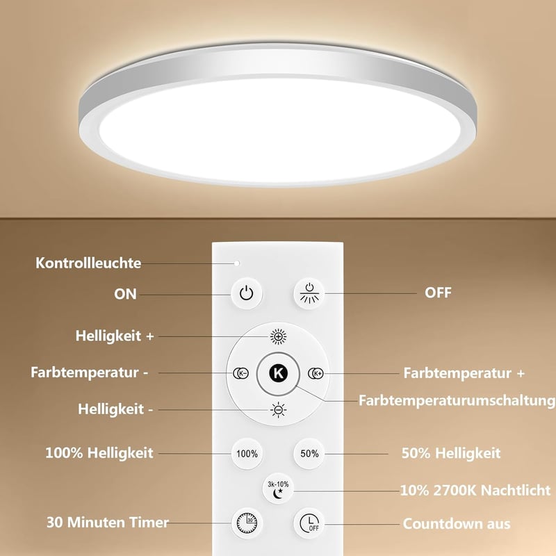 Oumida LED mennyezeti lámpa 30cm dimmelhető távirányítóval, 24W, 2700-6500K