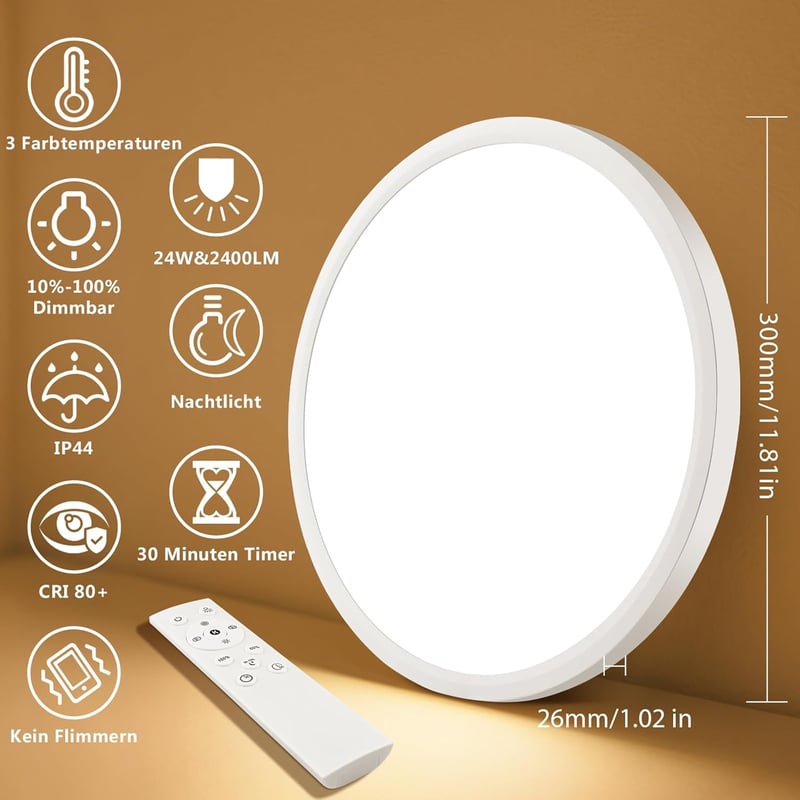 Oumida LED mennyezeti lámpa 30cm dimmelhető távirányítóval, 24W, 2700-6500K