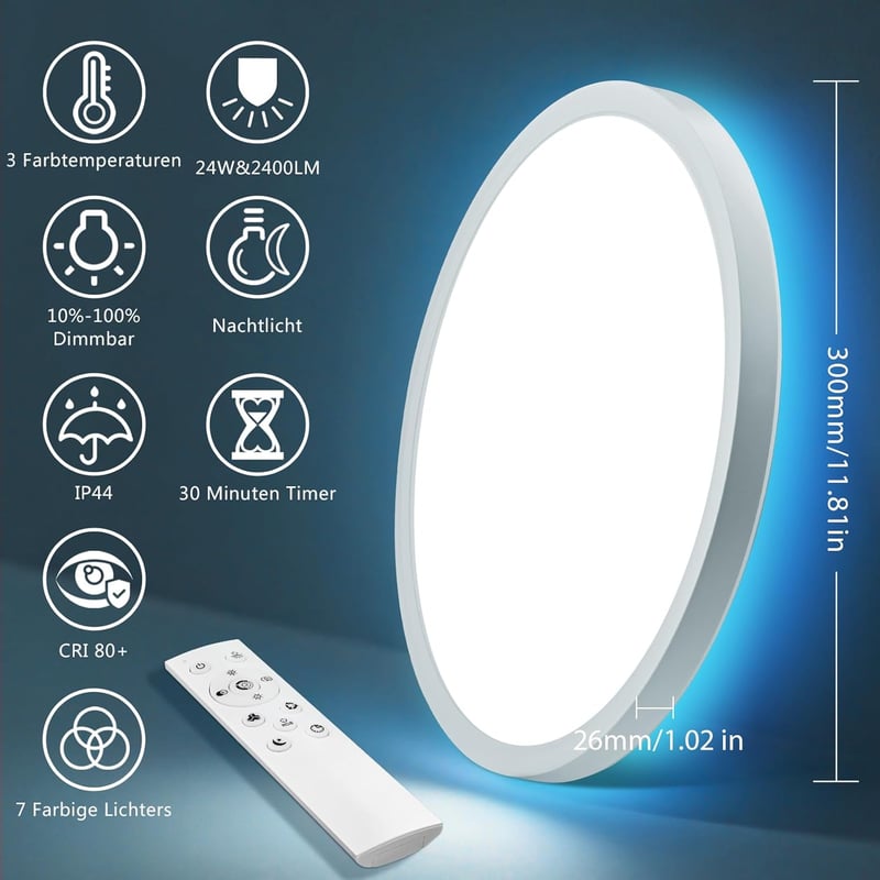 Oumida LED mennyezeti lámpa RGB távirányítóval, 24W, dimmelhető, kerek, hálószoba nappali fürdőszoba