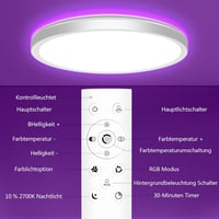 Oumida LED mennyezeti lámpa RGB távirányítóval, 24W, dimmelhető, kerek, hálószoba nappali fürdőszoba 8