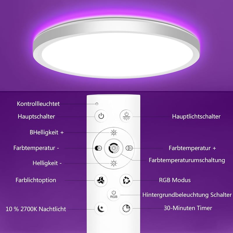Oumida LED mennyezeti lámpa RGB távirányítóval, 24W, dimmelhető, kerek, hálószoba nappali fürdőszoba