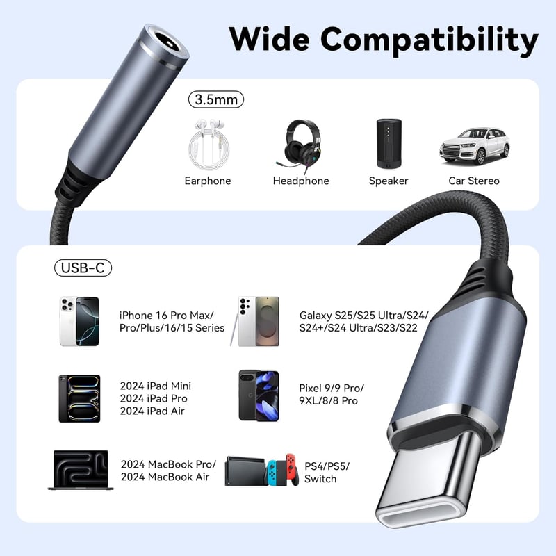 Oumida USB-C to 3.5mm Jack adapter, Type-C aux kábel iPhone Samsung iPad Pixel