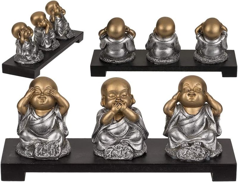 Out of the Blue Buddha szobor fa padon, 3 figurás szett 20x9 cm