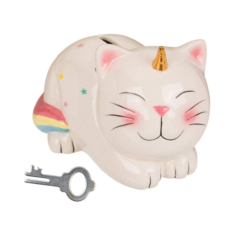 Keramická pokladnička Out of the Blue Unicorn Cat so zámkom, 17 cm, s motívom jednorožčej mačky