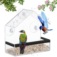Hrănitoare pentru păsări OUTALIZ cu montare pe fereastră, căsuță transparentă din acril, cu 3 ventuze și tavă de hrănire, 15x15x6 cm, pentru pițigoi, vrăbii și păsări sălbatice 1