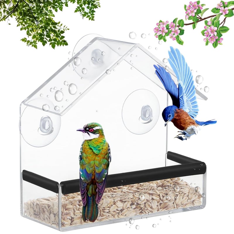 Hrănitoare pentru păsări OUTALIZ cu montare pe fereastră, căsuță transparentă din acril, cu 3 ventuze și tavă de hrănire, 15x15x6 cm, pentru pițigoi, vrăbii și păsări sălbatice