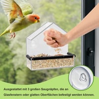 Hrănitoare pentru păsări OUTALIZ cu montare pe fereastră, căsuță transparentă din acril, cu 3 ventuze și tavă de hrănire, 15x15x6 cm, pentru pițigoi, vrăbii și păsări sălbatice 5
