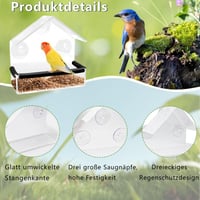 Hrănitoare pentru păsări OUTALIZ cu montare pe fereastră, căsuță transparentă din acril, cu 3 ventuze și tavă de hrănire, 15x15x6 cm, pentru pițigoi, vrăbii și păsări sălbatice 4