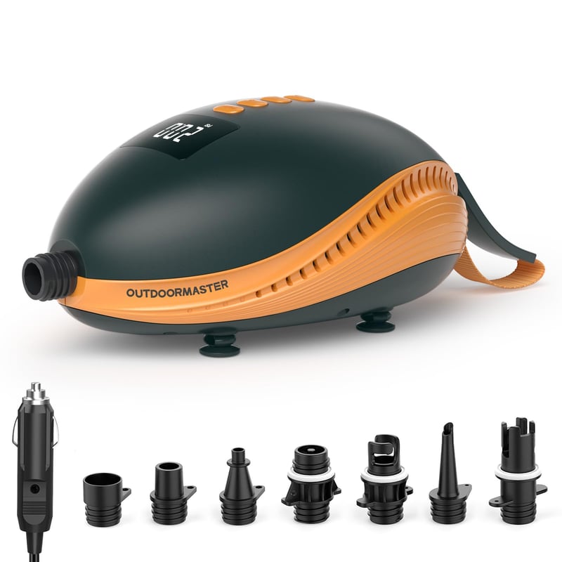 OutdoorMaster The Dolphin elektrická pumpa na SUP, 20 PSI vysoký tlak, 12V DC autokonektor, automatické vypnutie, pre nafukovacie paddleboardy a člny