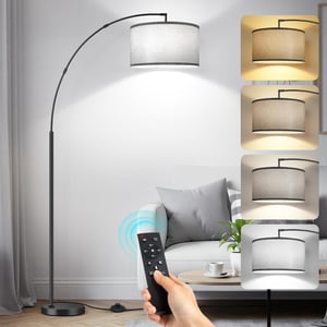 Lampadar LED dimabil pentru interior OUTON cu telecomandă și întrerupător de picior, abajur gri de 40 cm, negru, 4 temperaturi de culoare, temporizator și memorie