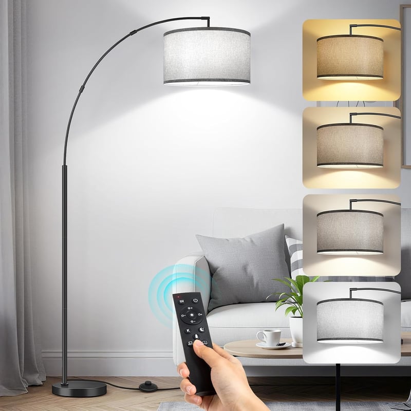 Lampadar LED dimabil pentru interior OUTON cu telecomandă și întrerupător de picior, abajur gri de 40 cm, negru, 4 temperaturi de culoare, temporizator și memorie