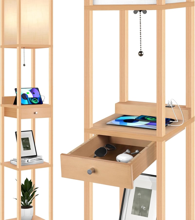 OUTON LED Álló Lámpa Polccal és Fiókkal, 3 Színhőmérséklet, USB Portokkal