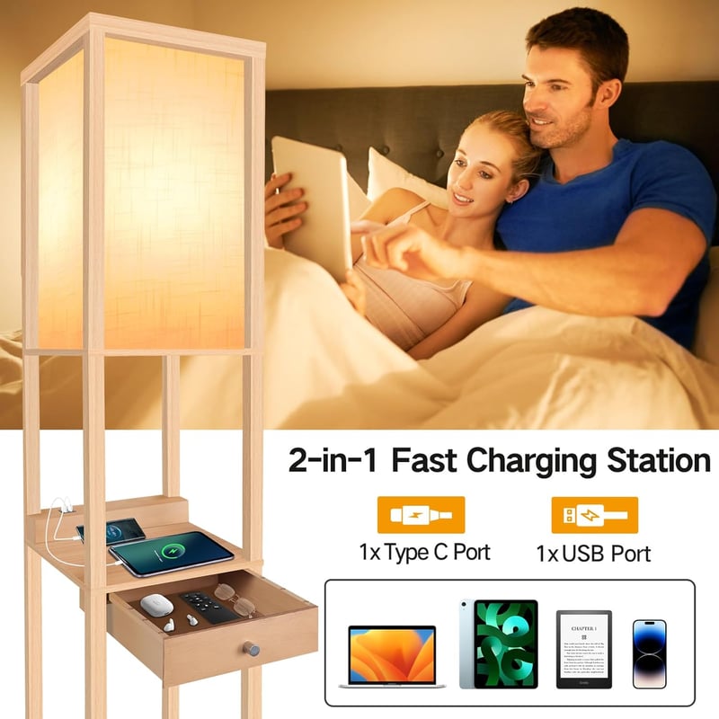 OUTON LED Álló Lámpa Polccal és Fiókkal, 3 Színhőmérséklet, USB Portokkal