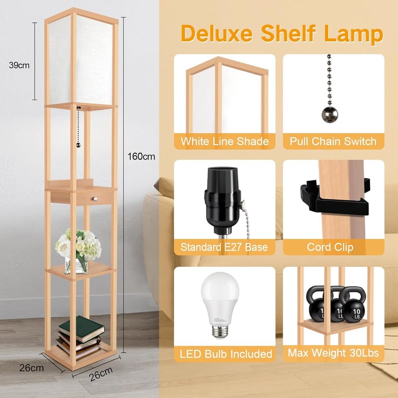 OUTON LED Álló Lámpa Polccal és Fiókkal, 3 Színhőmérséklet, USB Portokkal