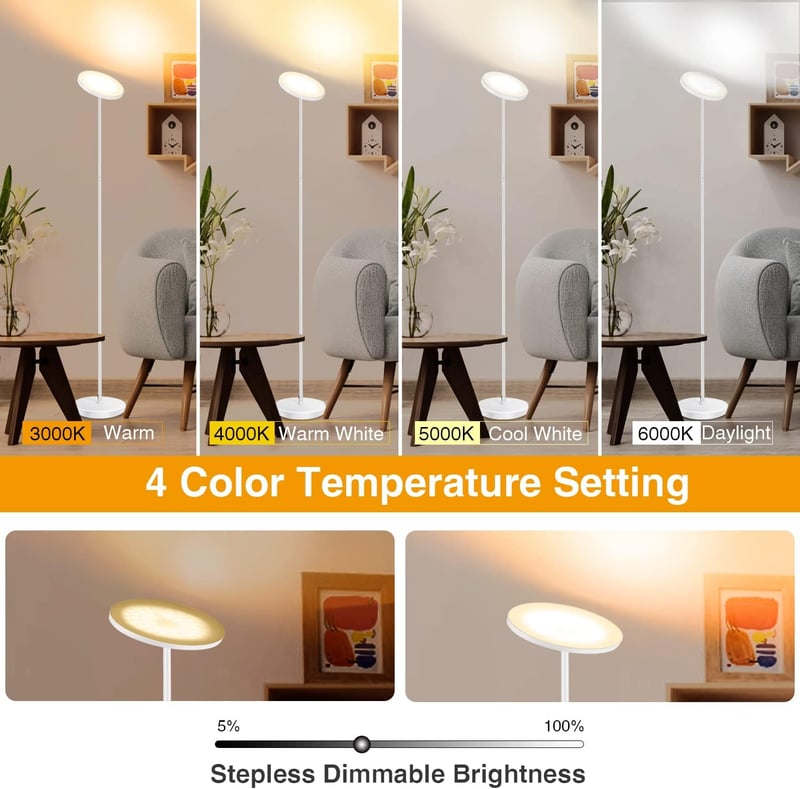 OUTON LED állólámpa 30 W 3000 lm fényerőszabályzó Uplighter 4 színhőmérséklet távirányítóval érintővezérléssel 1H időzítő fehér