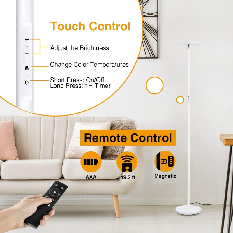 OUTON LED állólámpa 30 W 3000 lm fényerőszabályzó Uplighter 4 színhőmérséklet távirányítóval érintővezérléssel 1H időzítő fehér