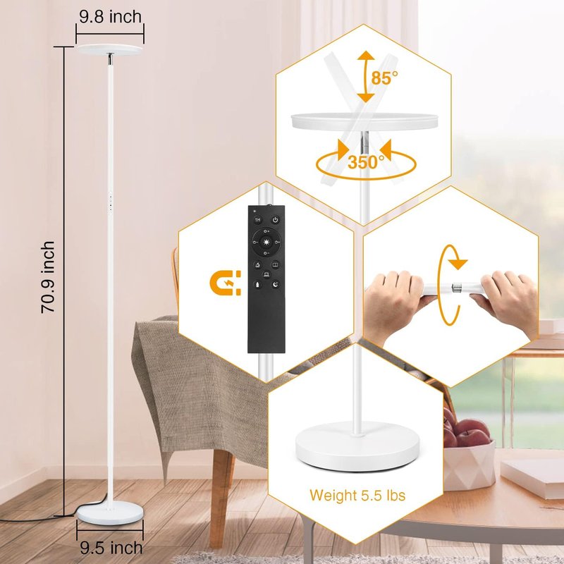 OUTON LED állólámpa 30 W 3000 lm fényerőszabályzó Uplighter 4 színhőmérséklet távirányítóval érintővezérléssel 1H időzítő fehér
