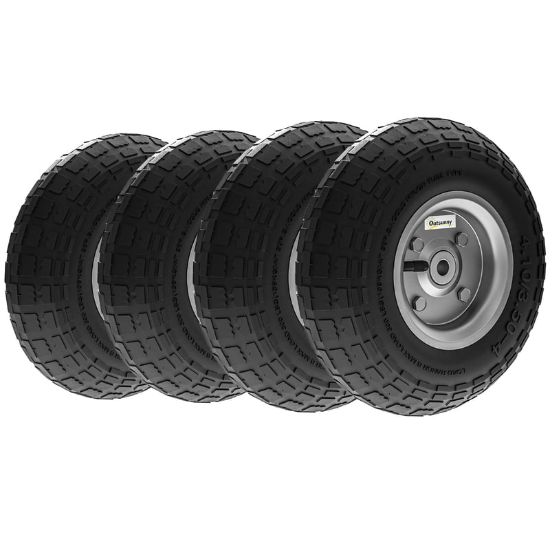 Set 4 roți de rezervă Outsunny 255 mm, anvelope din cauciuc cu ax de 16 mm, pentru cărucior de grădină, roabă și cărucior de transport