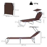 Skladacie ležadlo Outsunny so strieškou, 4-polohovo nastaviteľné operadlo, nosnosť 120 kg, záhradné ležadlo na pláž a k bazénu, hnedé 3