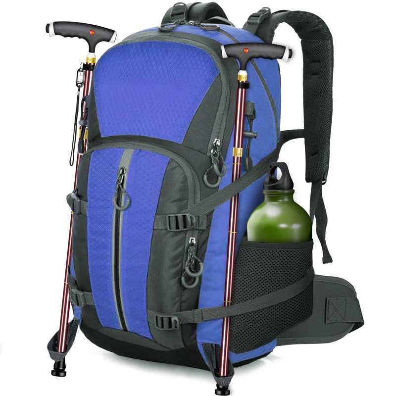 Turistický batoh OUUTMEE 42 l s bedrovým pásom, vodoodolný – modrý