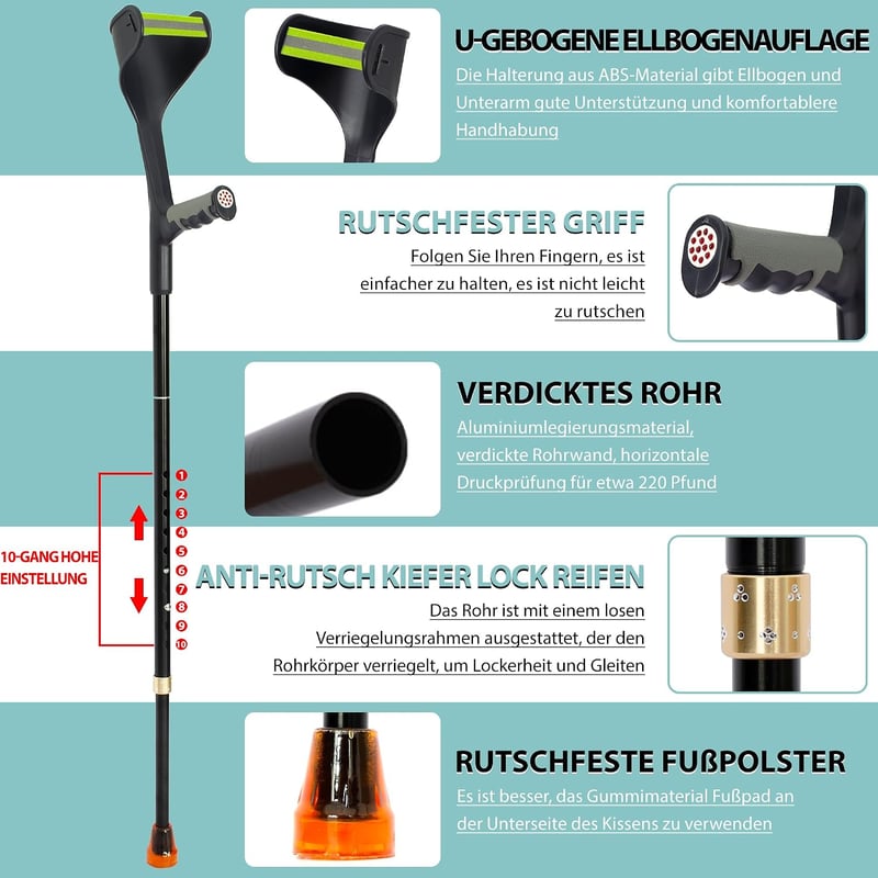 OUUTMEE Összecsukható Könyökmankó Felnőtteknek, Könnyű Fekete Rehabilitációs Mankó