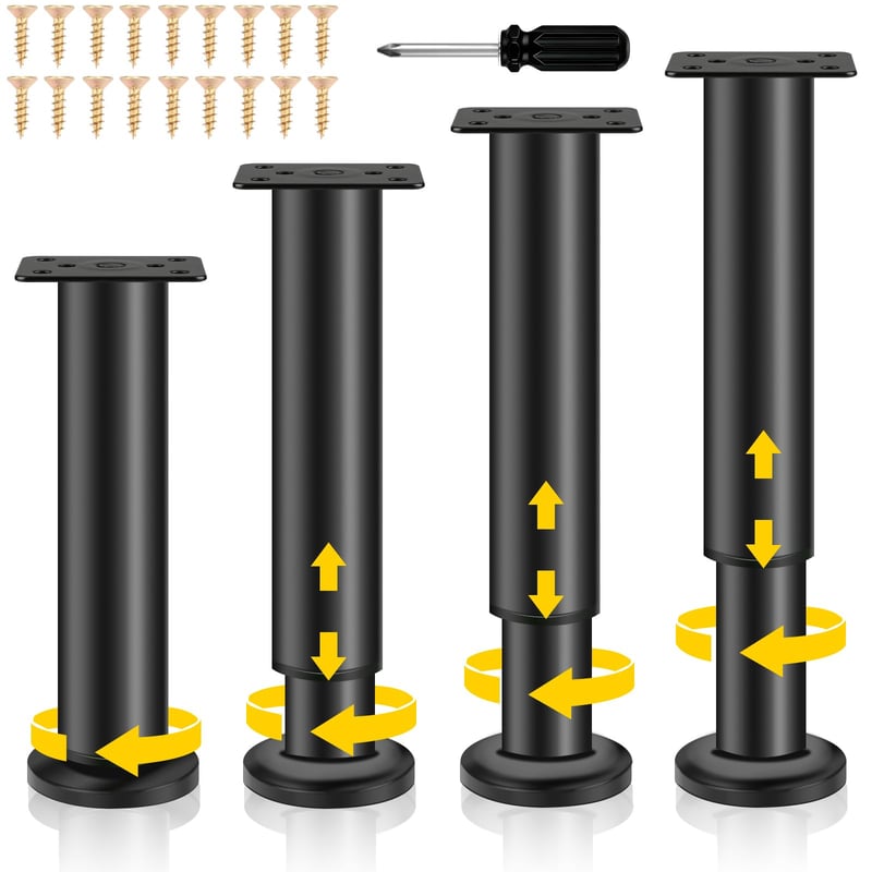 Set de 4 picioare reglabile pentru mobilă Ouxayapl, negre, din metal, pentru canapea, pat, dulap, noptieră, înălțime reglabilă 25-43 cm, cu șuruburi incluse