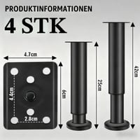 Set de 4 picioare reglabile pentru mobilă Ouxayapl, negre, din metal, pentru canapea, pat, dulap, noptieră, înălțime reglabilă 25-43 cm, cu șuruburi incluse 2