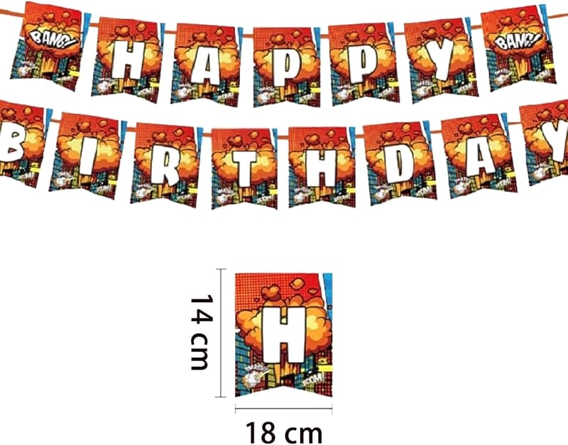 Ovanda Happy Birthday felirat zászlófüzér gyerekeknek, piros színes betűk, képregény hős stílus, beltéri dekoráció fiúknak lányoknak