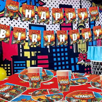 Ovanda Happy Birthday felirat zászlófüzér gyerekeknek, piros színes betűk, képregény hős stílus, beltéri dekoráció fiúknak lányoknak 5