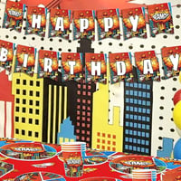 Ovanda Happy Birthday felirat zászlófüzér gyerekeknek, piros színes betűk, képregény hős stílus, beltéri dekoráció fiúknak lányoknak 4