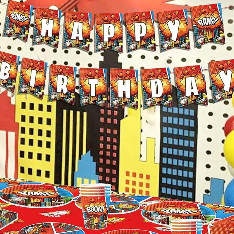 Ovanda Happy Birthday felirat zászlófüzér gyerekeknek, piros színes betűk, képregény hős stílus, beltéri dekoráció fiúknak lányoknak