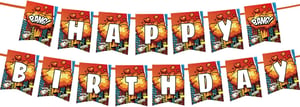 Ovanda Happy Birthday felirat zászlófüzér gyerekeknek, piros színes betűk, képregény hős stílus, beltéri dekoráció fiúknak lányoknak