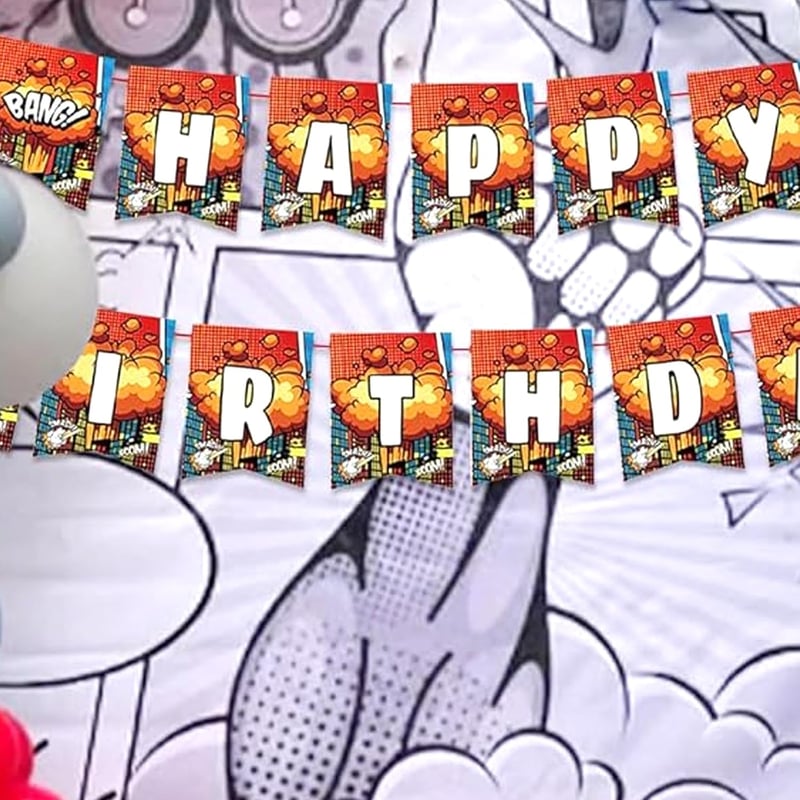 Ovanda Happy Birthday felirat zászlófüzér gyerekeknek, piros színes betűk, képregény hős stílus, beltéri dekoráció fiúknak lányoknak