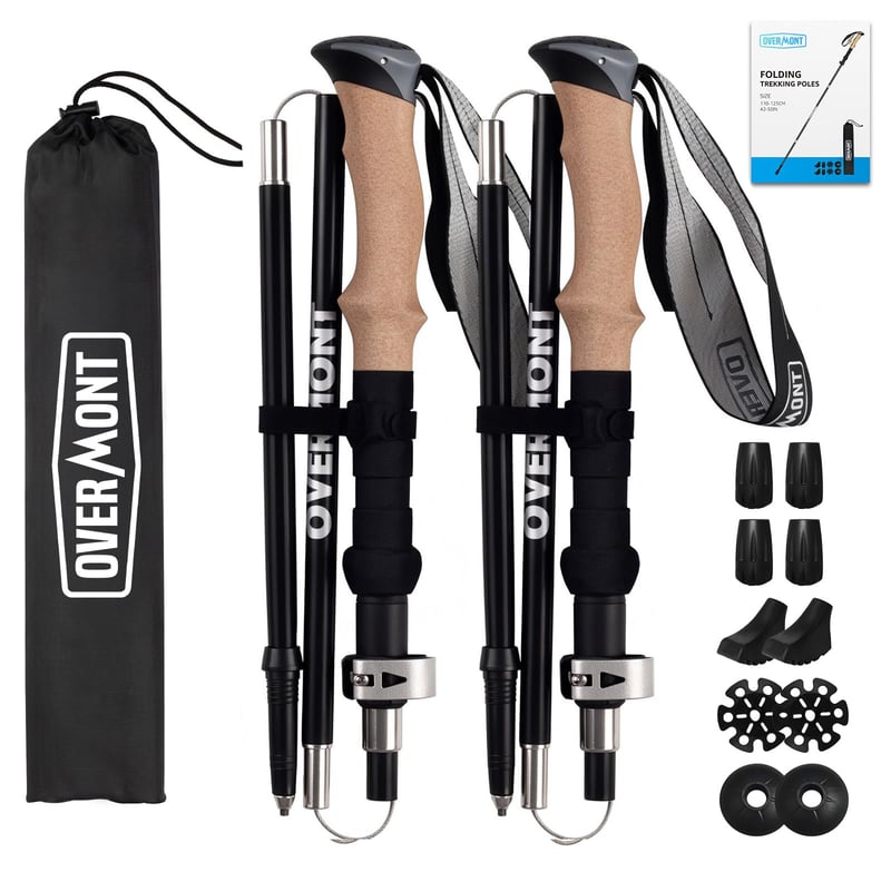 Skladacia hliníková turistická palica Overmont - 105-125 cm, čierna, palice na nordic walking, 1 pár, s príslušenstvom do každého terénu