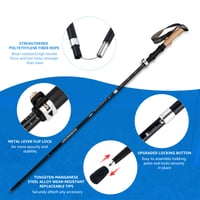 Skladacia hliníková turistická palica Overmont - 105-125 cm, čierna, palice na nordic walking, 1 pár, s príslušenstvom do každého terénu 4