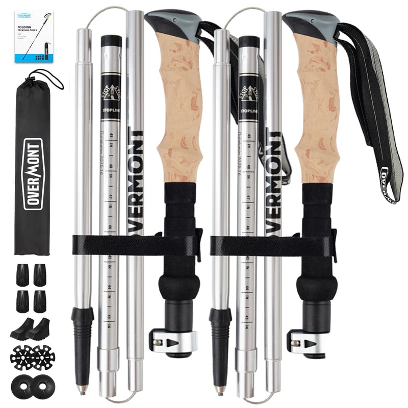 Băț de trekking pliabil din aluminiu Overmont, ultraușor - reglabil 105-125 cm, pentru trekking și nordic walking, 1 pereche cu accesorii pentru toate tipurile de teren, gri