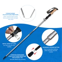Băț de trekking pliabil din aluminiu Overmont, ultraușor - reglabil 105-125 cm, pentru trekking și nordic walking, 1 pereche cu accesorii pentru toate tipurile de teren, gri 4