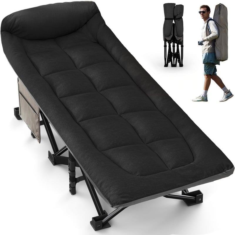 Skladacia kempingová posteľ OVERMONT s matracom - 190x70x40 cm, čierna, nosnosť 250 kg, oxfordská látka, bočné vrecko a taška na prenášanie, na kempovanie a do kancelárie