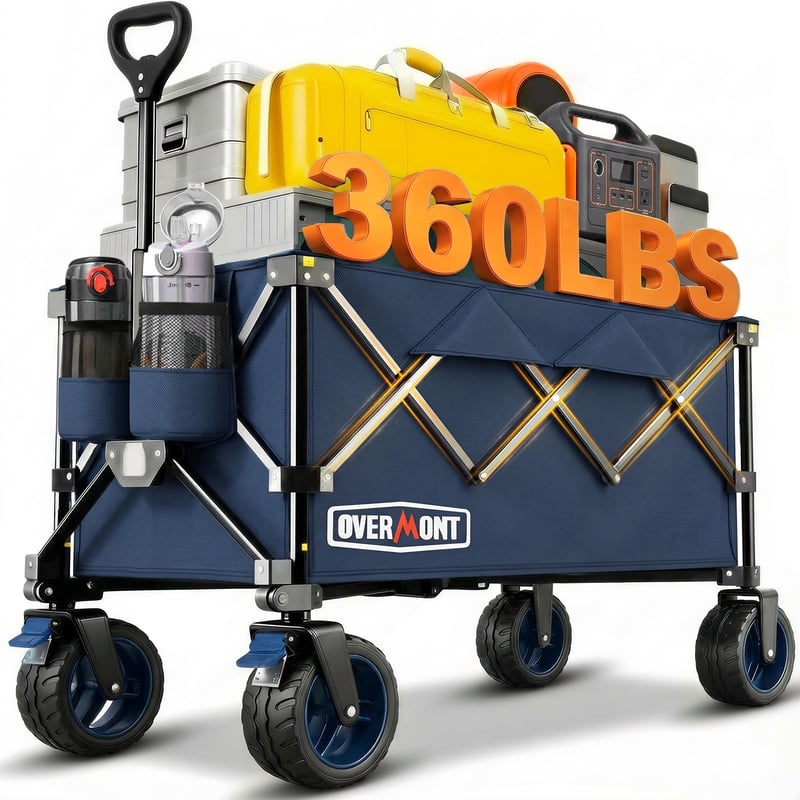 Cărucior pliabil cu roți Overmont - 200 litri, capacitate de încărcare 360 LBS, cărucior de transport cu roți mari - Albastru