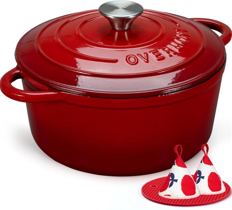 Smaltovaný liatinový hrniec Overmont s pokrievkou, 26 cm, 5,2 l – vhodný aj do rúry, na dusené jedlá, pečenie chleba, vrátane kuchárskej knihy – červený