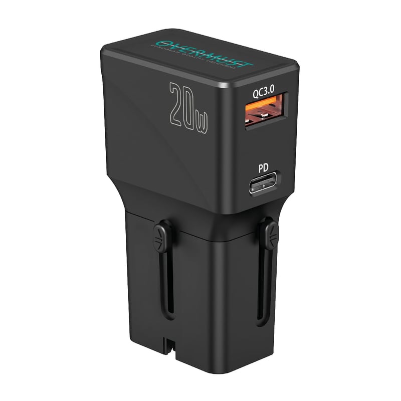Încărcător de călătorie universal OVERMUST cu porturi USB-C și USB-A, încărcare rapidă 20W, compatibil în 200 de țări cu prize tip USA, EU, UK, AU, pentru telefon, tabletă, cameră foto