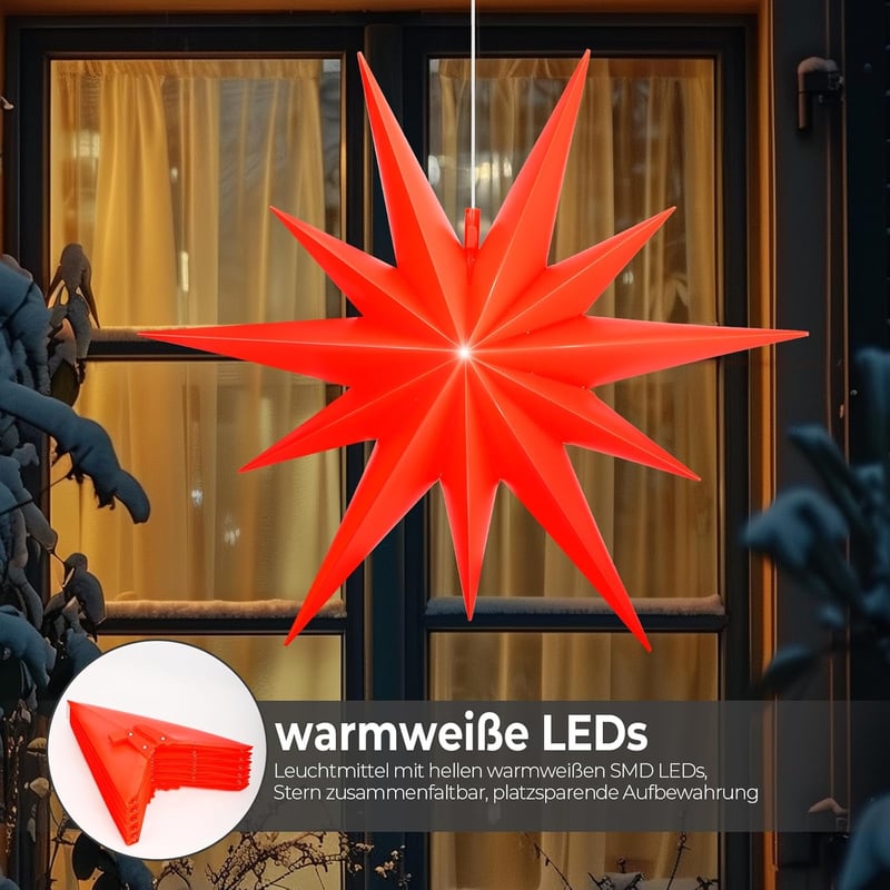 OVILUM Luminous Star 2D XXL LED világítással, piros, 100 cm, 11 ágú, időzítővel